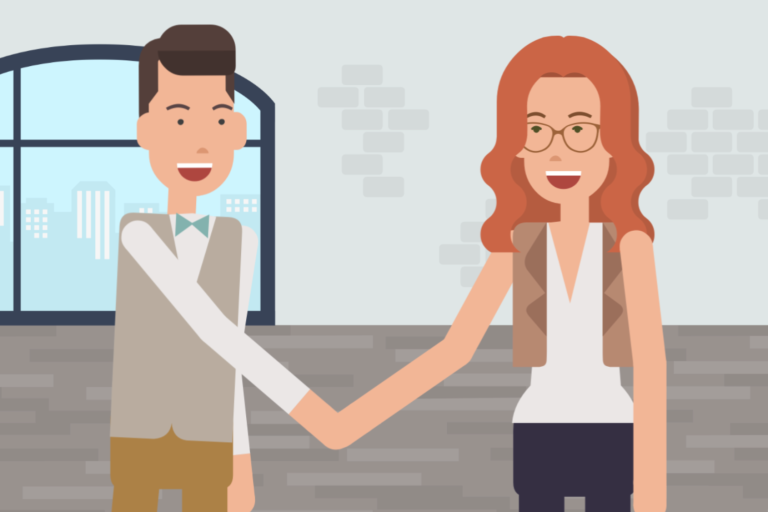 Vorgehensweise Zwei Personen schütteln sich die Hände in einem modernen Innenraum. Stil Flat