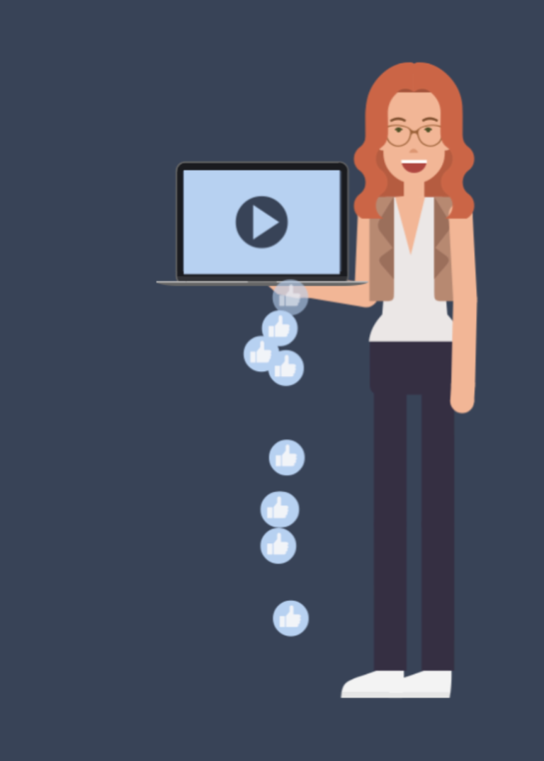 Eine im Cartoonstil gezeichnete Frau mit Laptop, aus dem Blasen mit Play-Symbol herauskommen im.