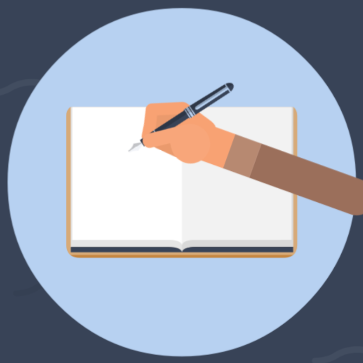 Icon Texterstellung Hand schreibt in ein offenes Notizbuch vor blauem Hintergrund.