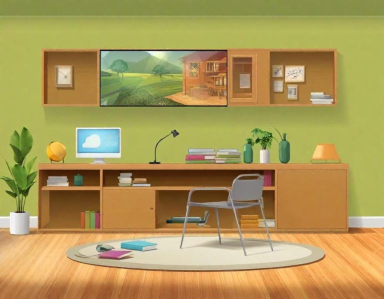 Individueller Stil Moderner Arbeitsplatz mit Schreibtisch, Stuhl, Computer und grüner Wanddekoration in einem modern gezeichnetem Stil.