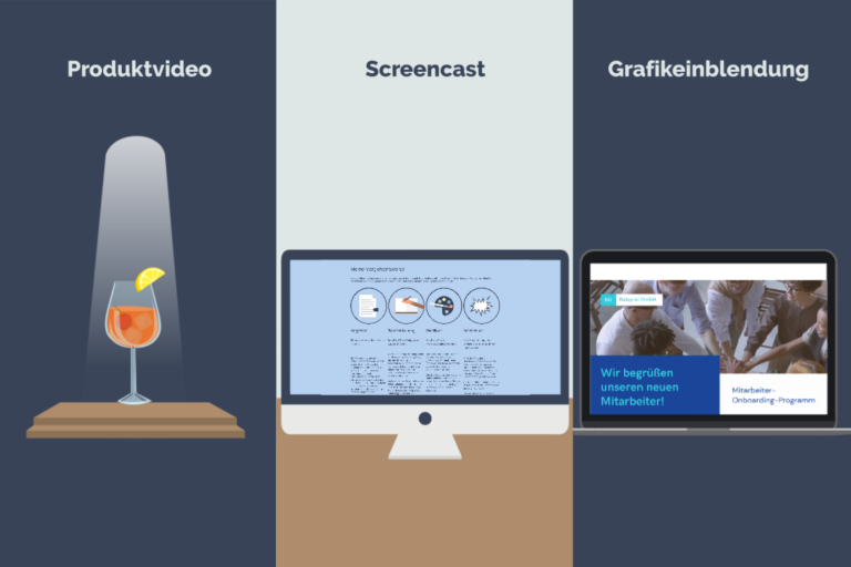 Leistungen Produktvideo, Screencast und Grafikeinblendungen. Cocktail , Computer mit Screenshot, Webseite mit grafischer Gestaltung.