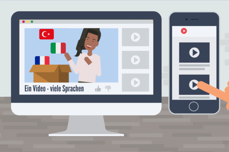 Formate und Sprachen Auf einem Laptop läuft ein Video, bei dem mehrere Flaggen zu sehen sind; Bildschirm mit Videos auf Smartphone daneben.
